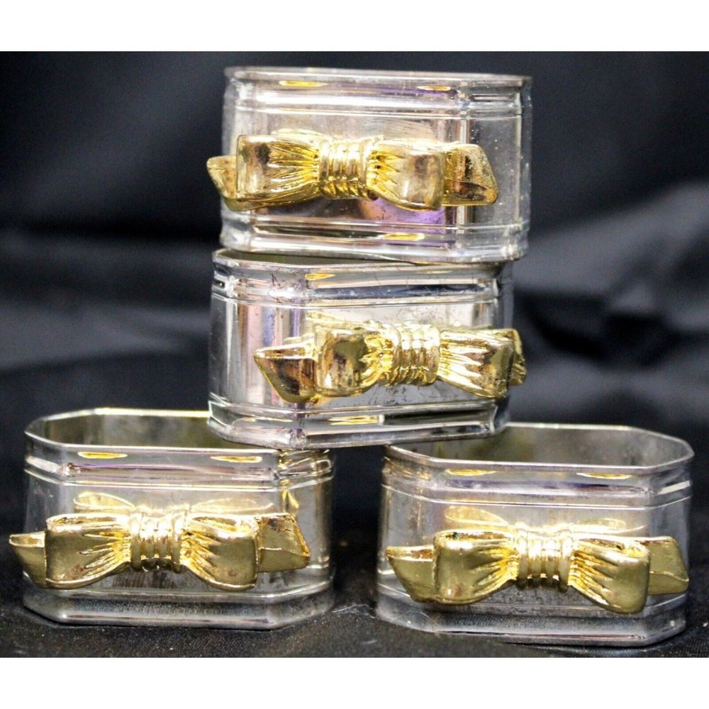 Set of 4 Silver Napkin Rings Holders Geometric Gold Colored Bow Queen Victoria
